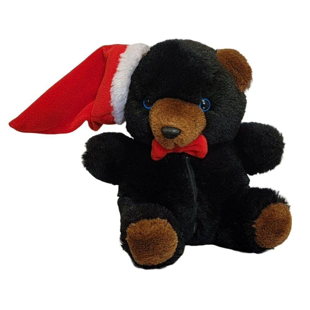 VTG 90s Ben Bridge Benny Bear Plush 6.5" Christmas Santa Hat Zipper Tummy Black‎